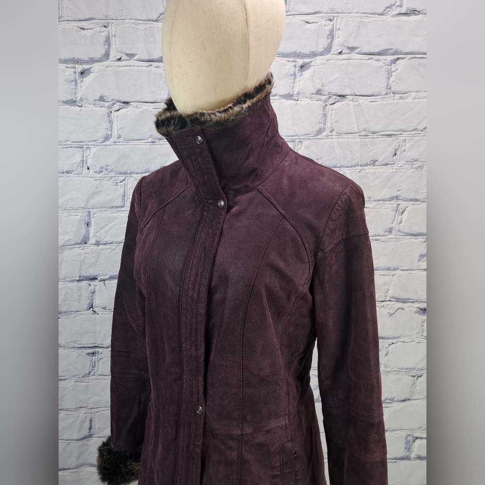 Danier Women's Leather Jacket Winter Coat with Fur Trim Purple Zip Cuffs Small - Picture 11 of 16
